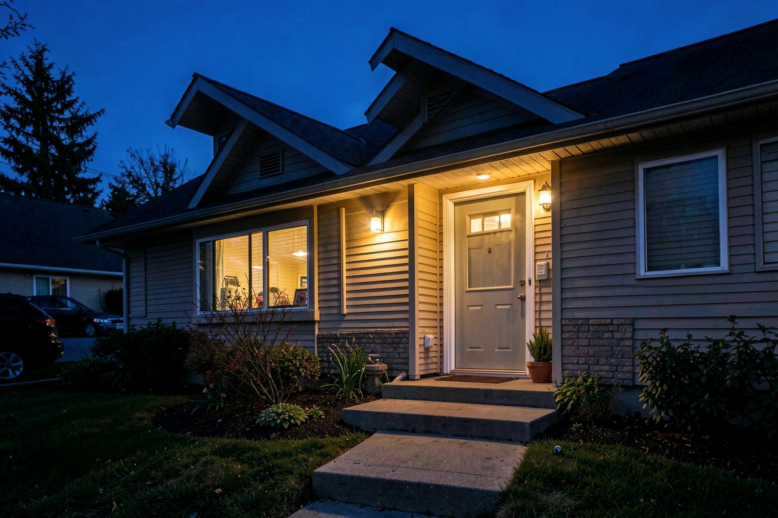Family home at dusk with a security camera by the front door